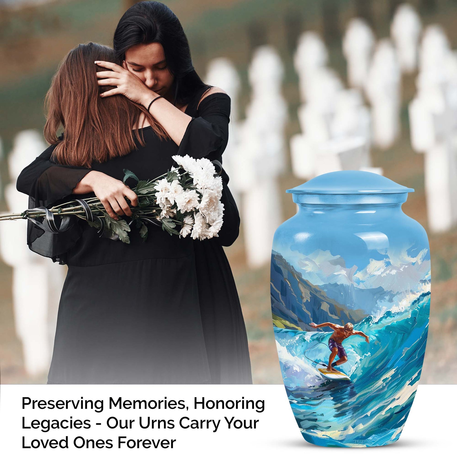 Ocean Waves Memorial Urn for Adult Human Ashes - Handmade Aluminum Urn