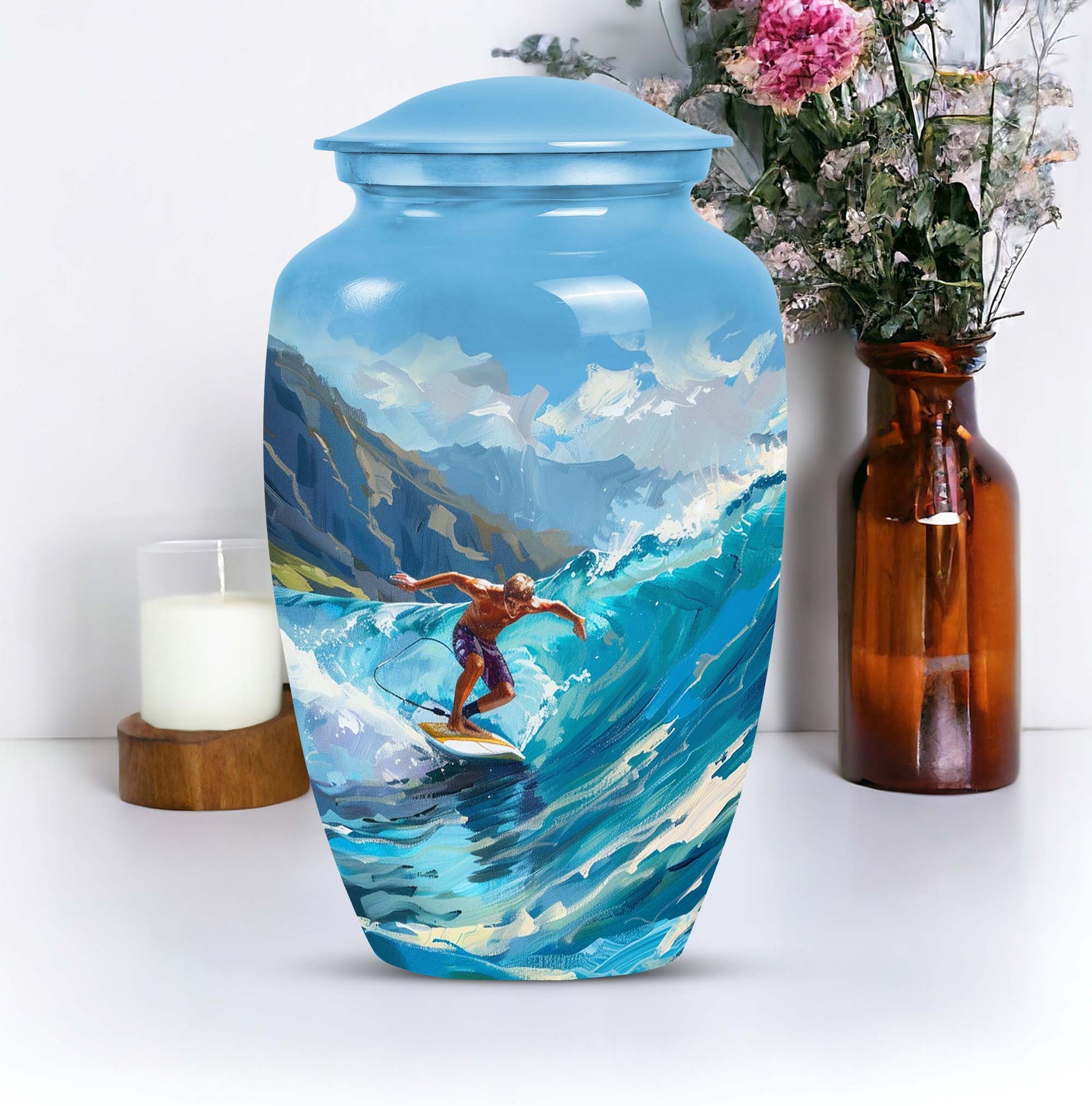 Ocean Waves Memorial Urn for Adult Human Ashes - Handmade Aluminum Urn