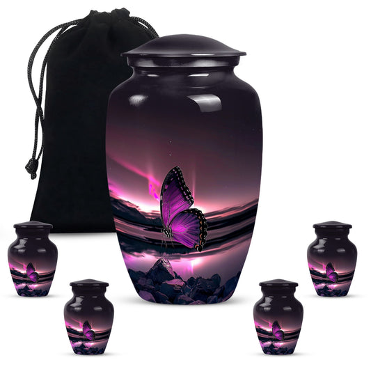 Purple Butterfly Themed Cremation Urn Set Large & Small Combo