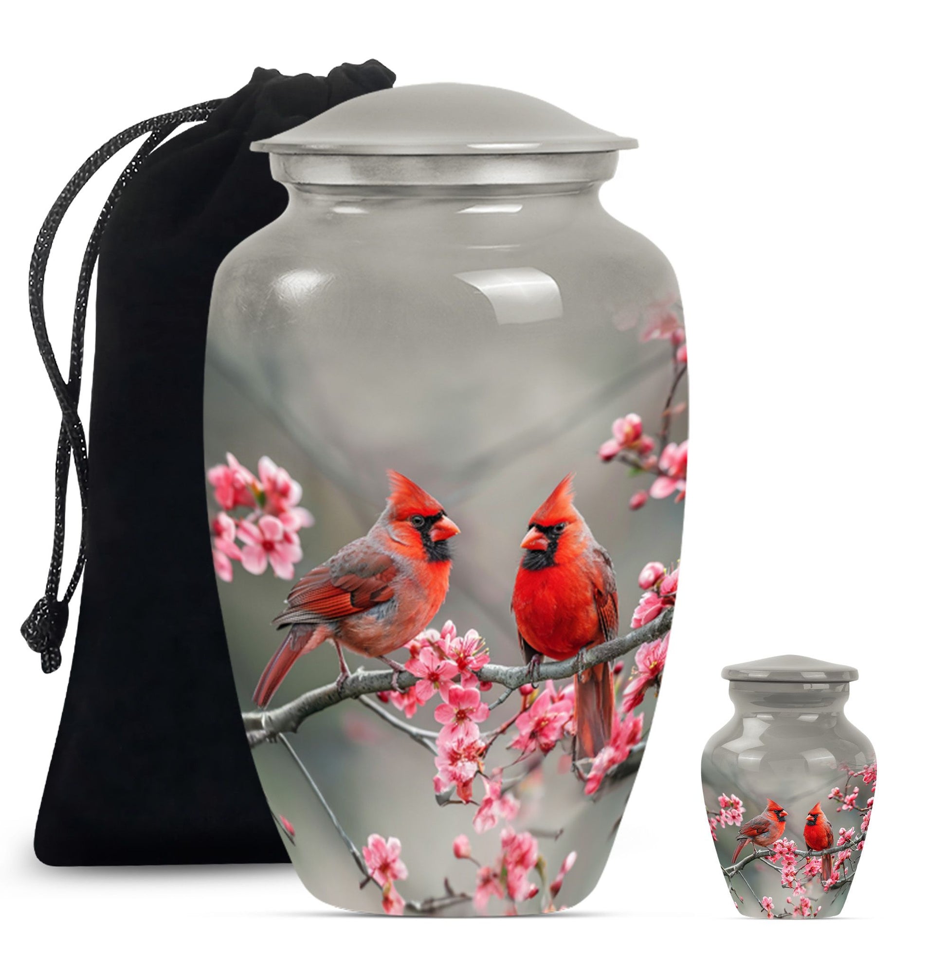 Cardinal Bird  Large urn & 1 Small Urn