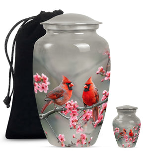 Cardinal Bird  Large urn & 1 Small Urn