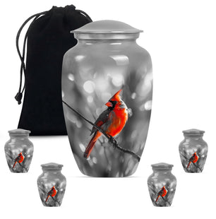 Cardinal Bird  Large urn & 4 Small Urn