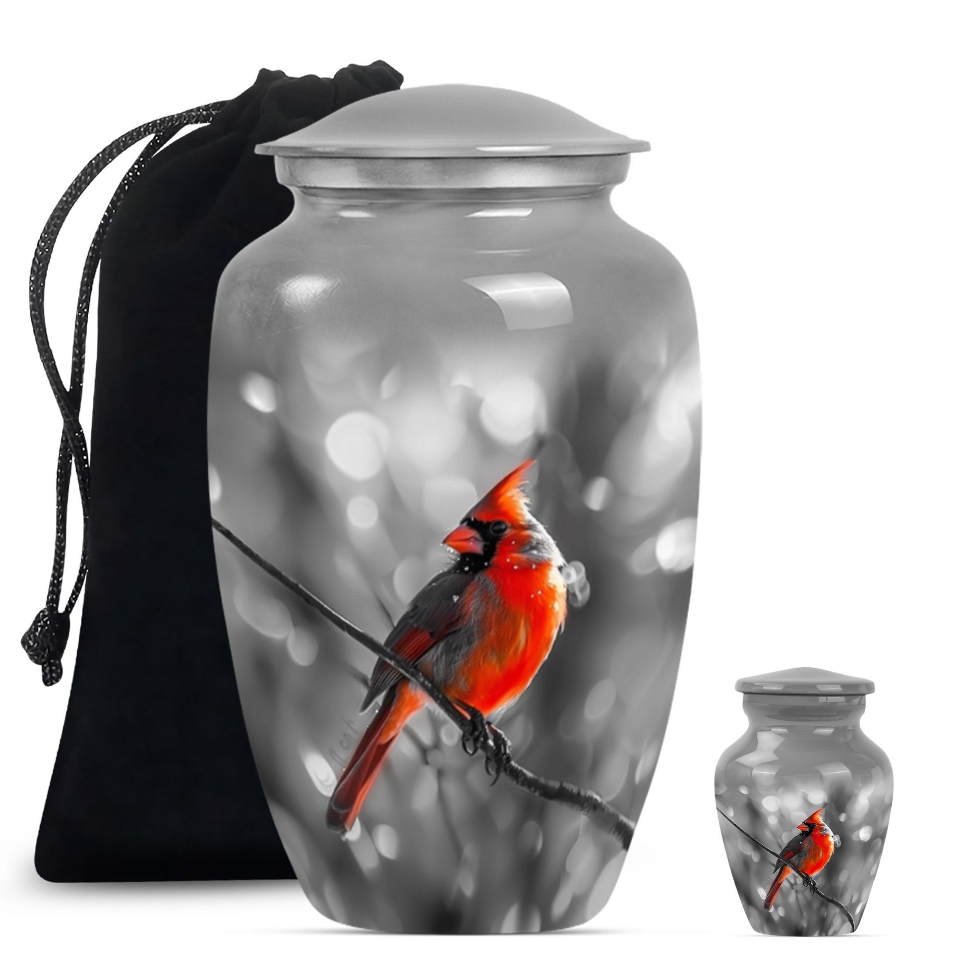 Cardinal Bird  Large urn & 1 Small Urn