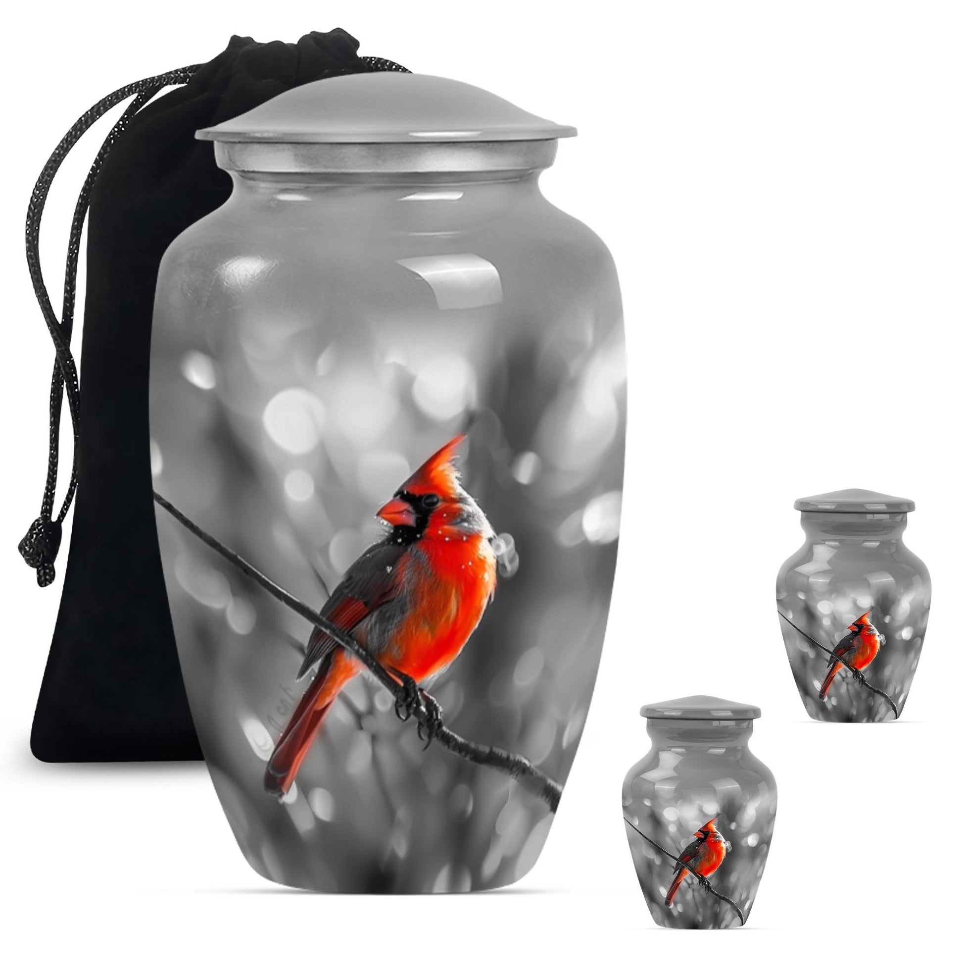 Cardinal Bird  Large urn & 2 Small Urn