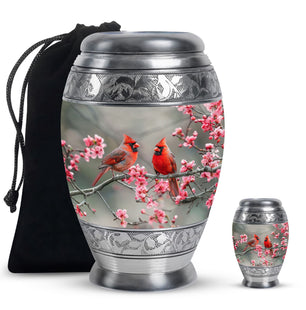 Cardinal Bird  Large urn & 1 Small Urn