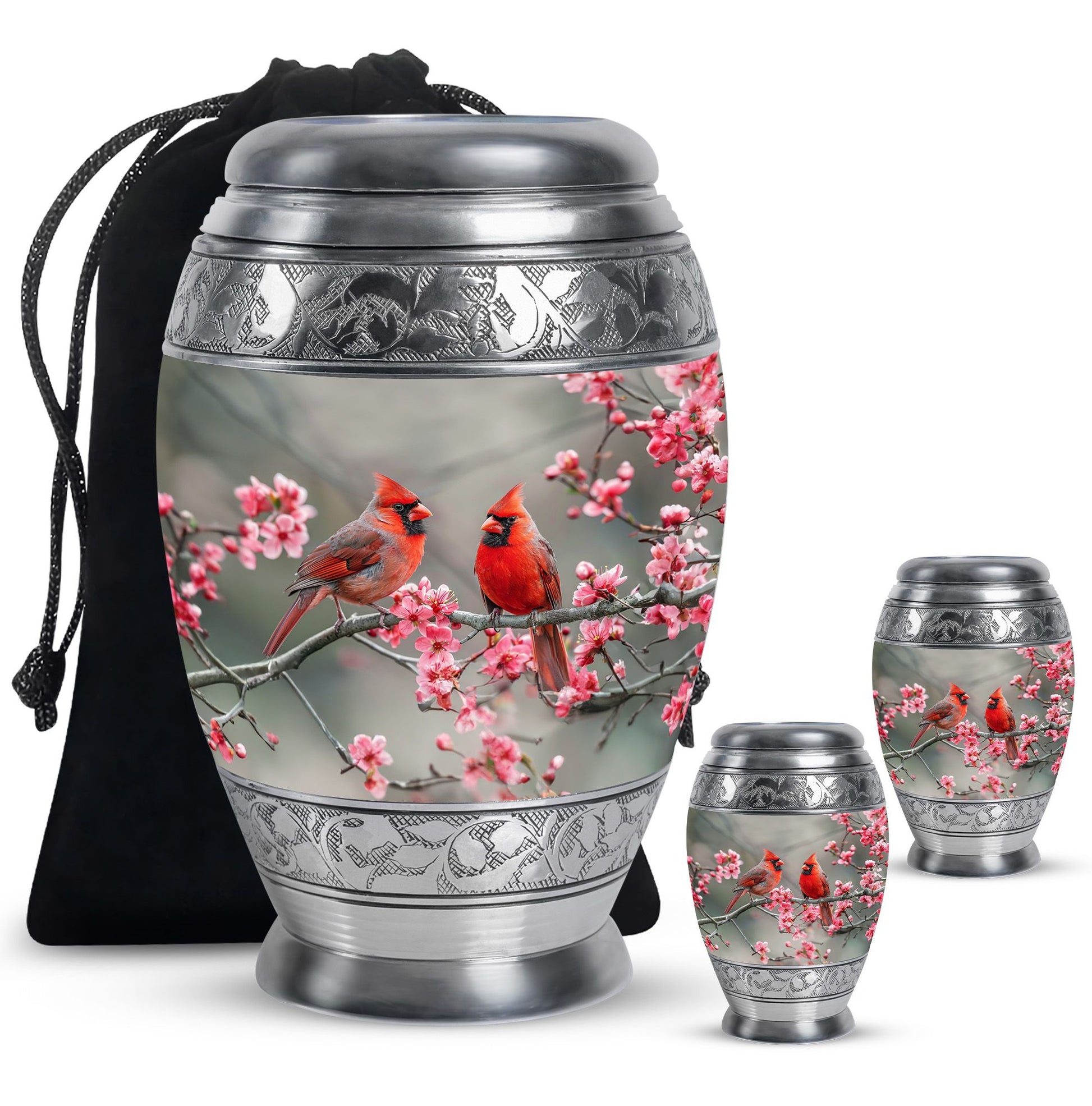 Cardinal Bird  Large urn & 2 Small Urn