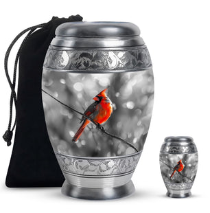 Cardinal Bird  Large urn & 1 Small Urn