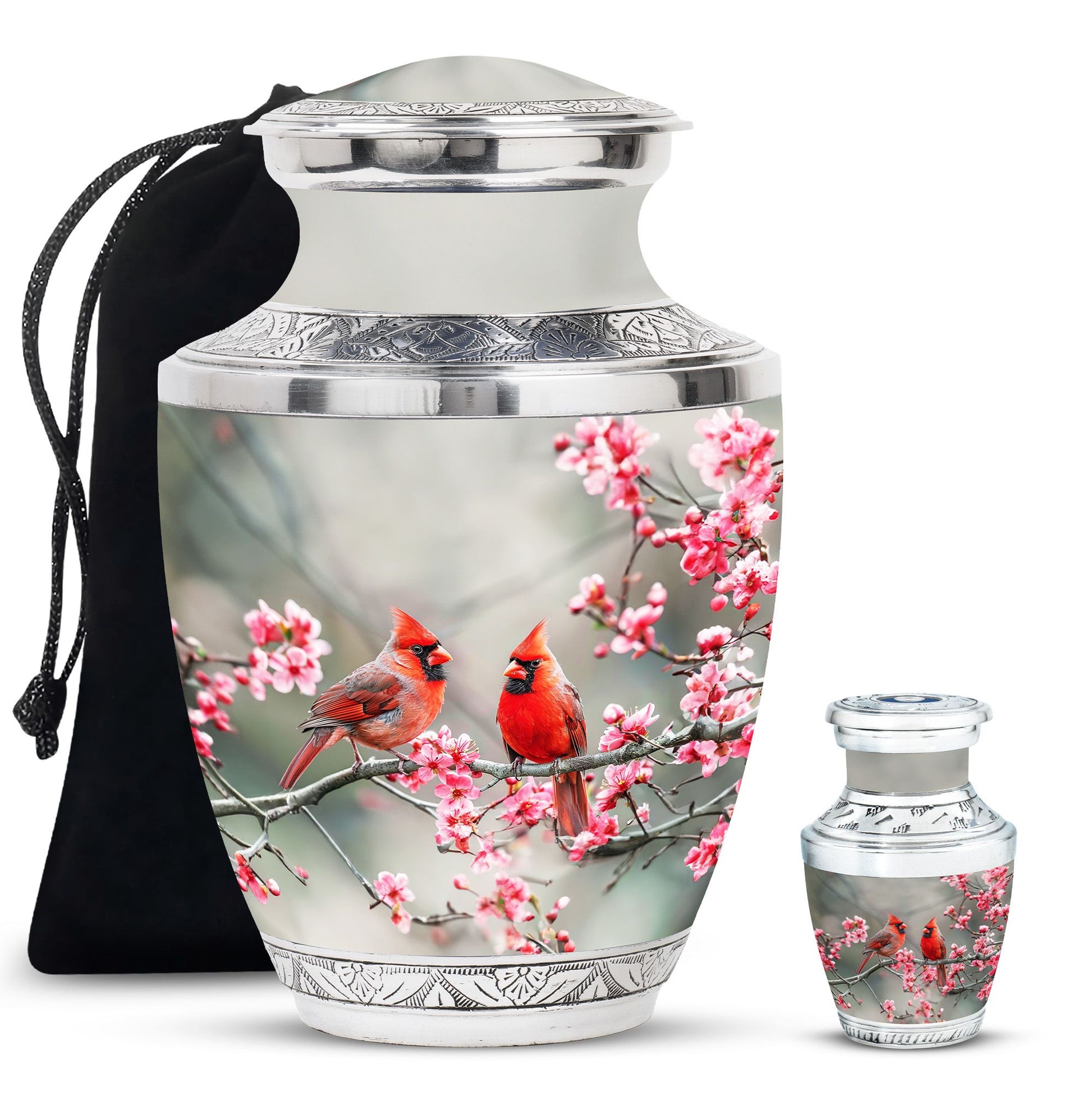 Cardinal Bird  Large urn & 1 Small Urn