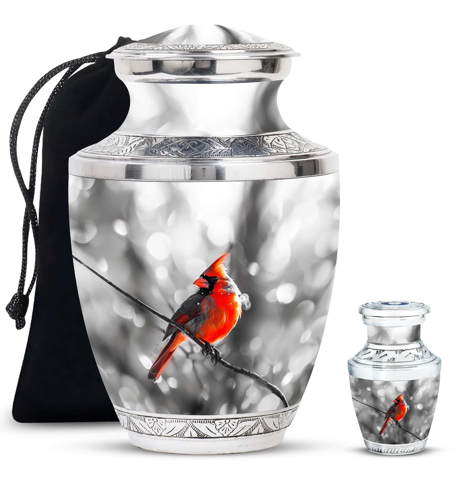 Cardinal Bird  Large urn & 1 Small Urn